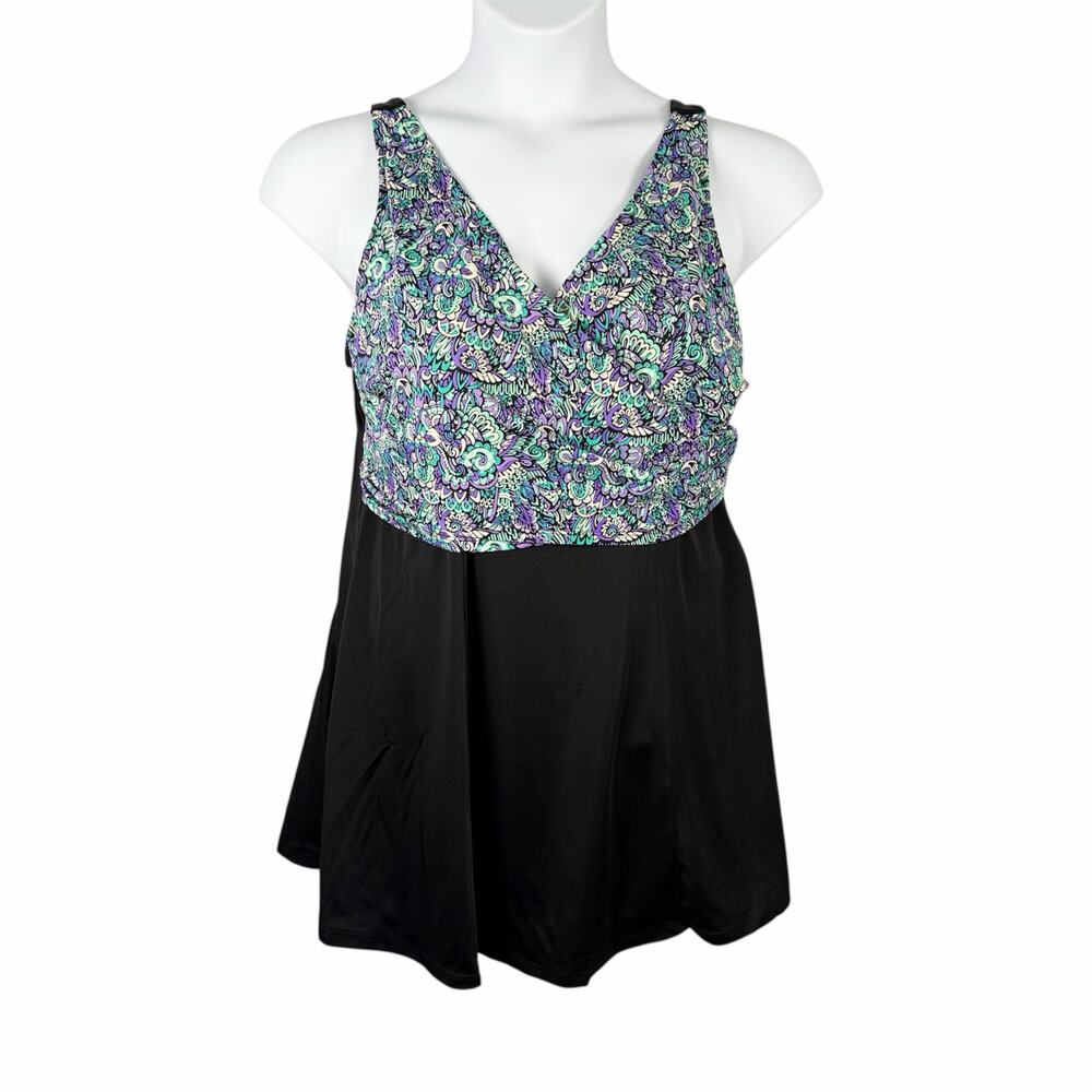 A Shore Fit Swimwear Womens 18W Black Purple Turquoise Paisley 1pc Swim Dress